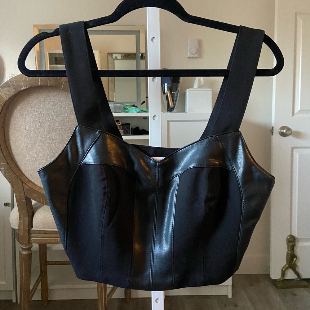 CAbi Black Faux Leather Bustier Crop Top